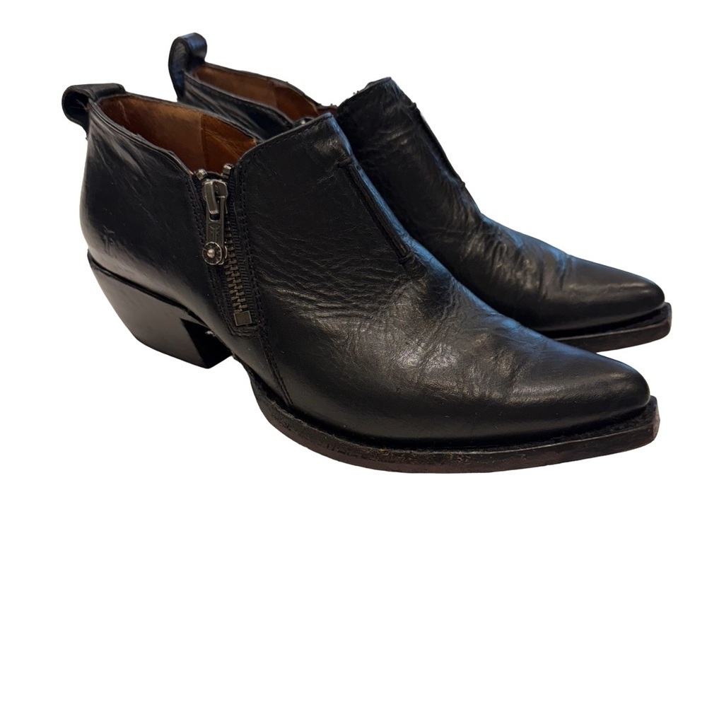 Frye Black Leather Pointed Ankle Booties with Side Zip
